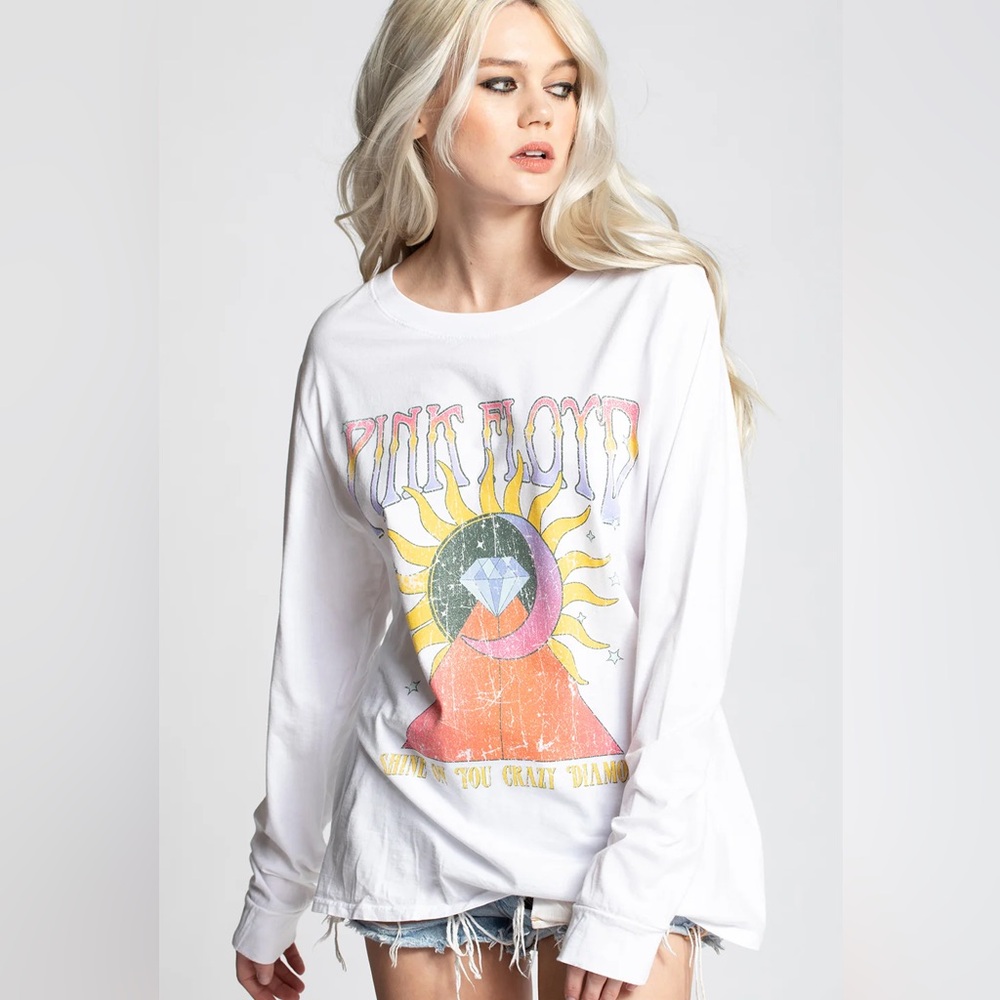 Pink Floyd White Long Sleeve Graphic Tee with Yellow, Pink and Blue Print